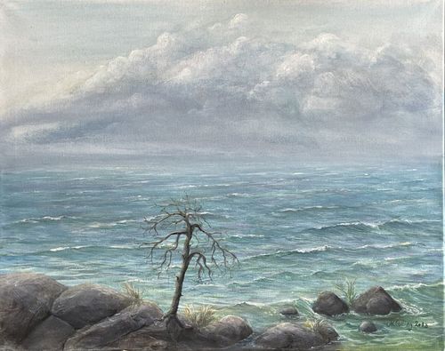 Collingarts-taidekuva-akryylimaalaus-merenrannalla-seisoo-kuiva-käkkärä-puu