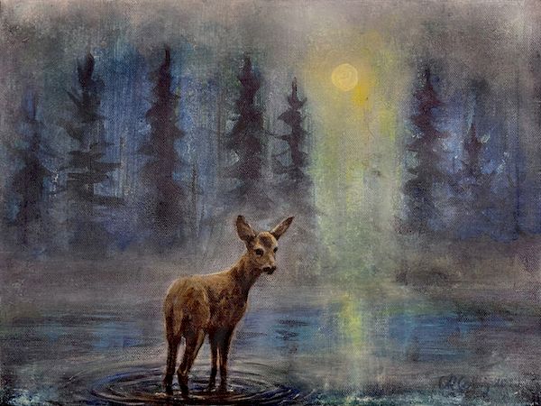 Collingarts-taidekuva-akryylimaalaus-peura-joella-aamuinen-utu-metsässä
