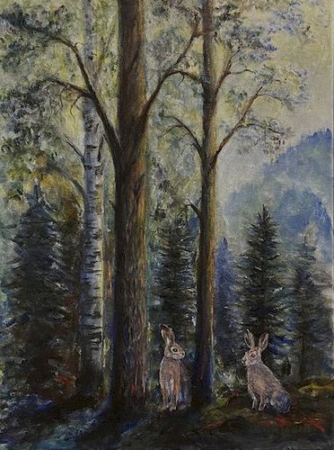 Collingarts-taidekuva-akryylimaalaus-jäniksiä-metsässä