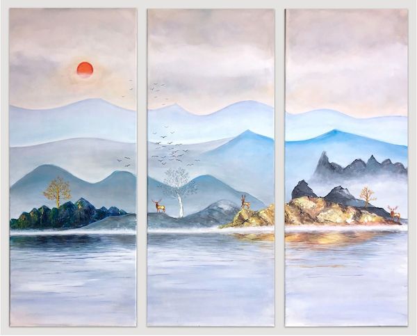 Collingarts-taidekuva-akryylimaalaus-3osainen-teos-itämainen-tyyli-järven-rannalla