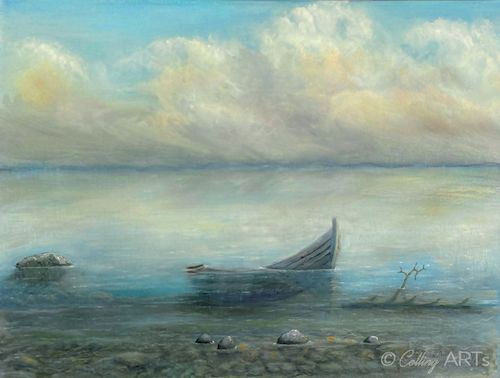 Collingarts-taidekuva-öljyvärimaalaus-vanha-vene-uponnut-rannalle