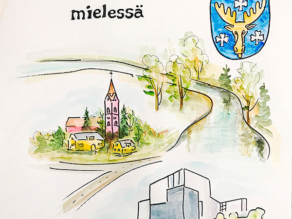 Juliste omasta paikkakunnasta, Vesiväri/tussit, PHa/opintotyö/2019
