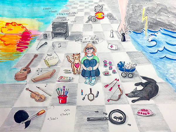 Omakuvan kuvittaminen, Vesiväri/tussit, PHa/opintotyö/2019